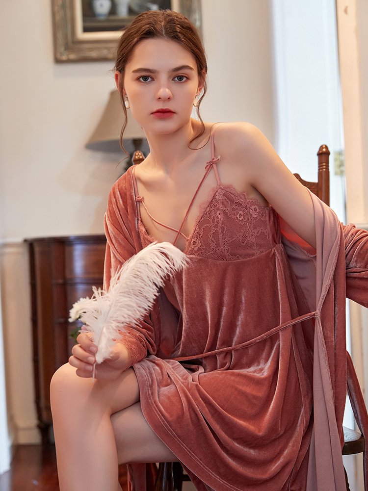 Glamour pink velvet suspenders nightdress nightgown-YiYi-HW102228