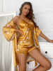 Gold Printed Silk Three-piece Shorts Robe Pyjamas-YiYi-HW102225