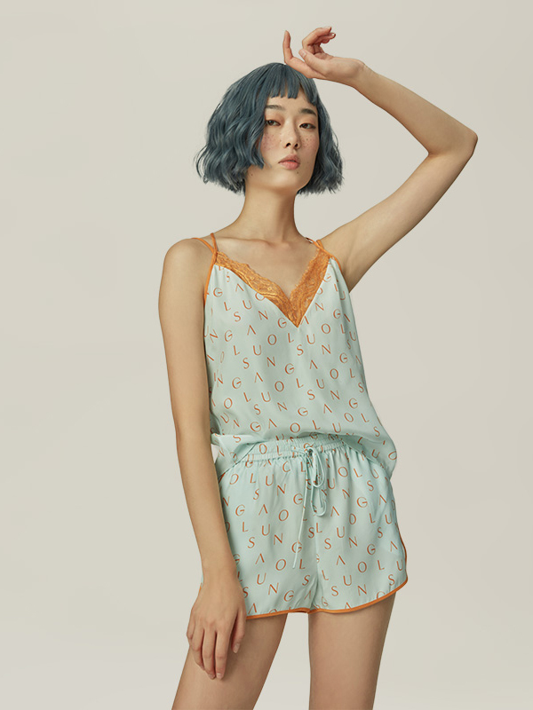 Mint Green Floral Lace Two-piece Pyjamas-YiYi-HW102210